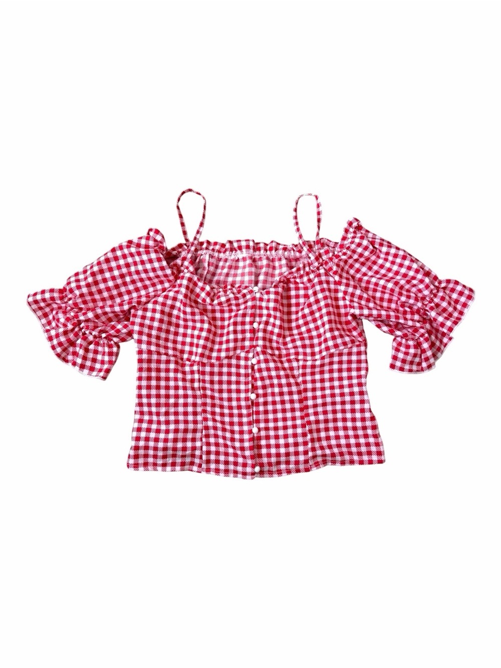 Shein Red Gingham Plaid Off-Shoulder Peasant Top Size Large